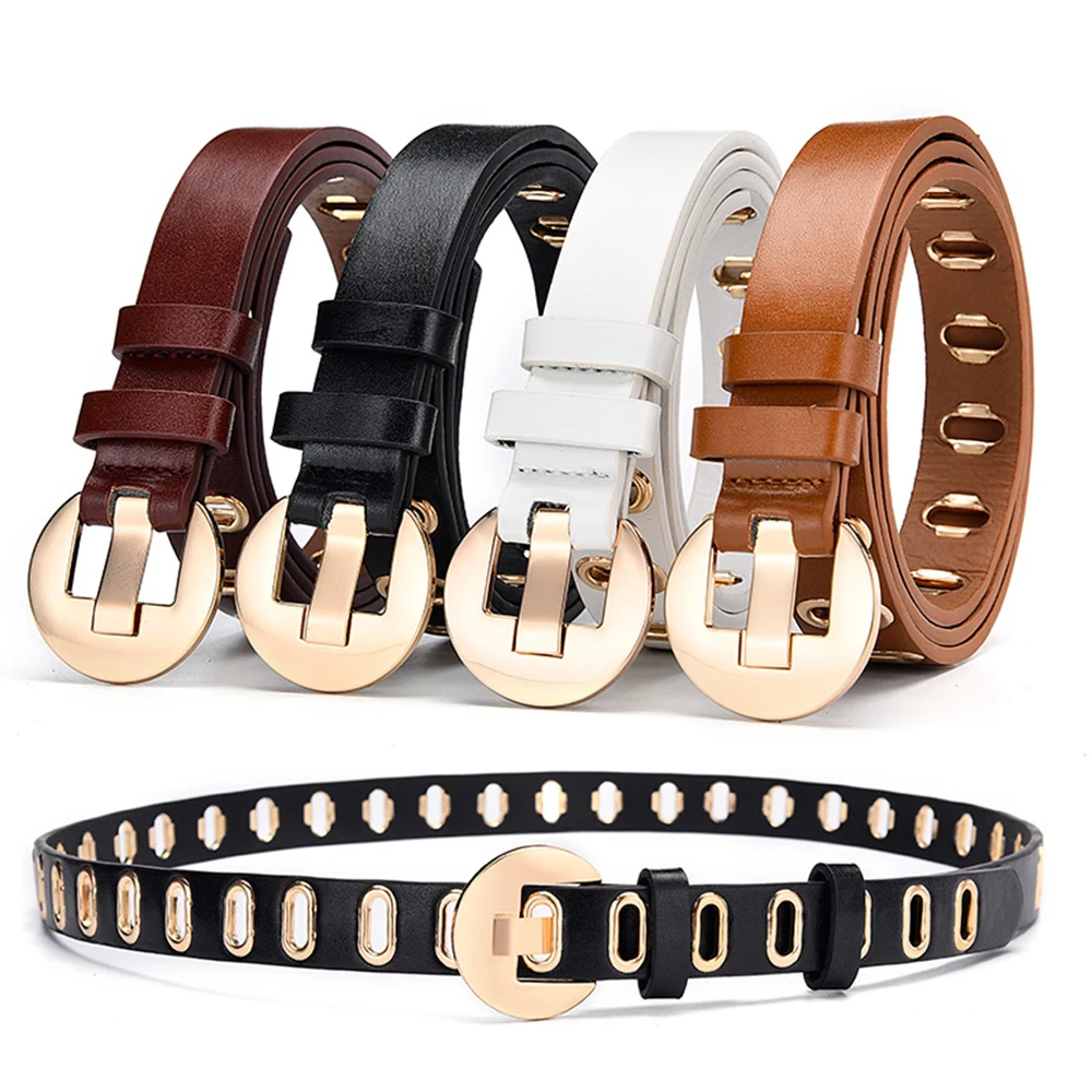 

Womens Goth Belts Hollow-out Fashion PU Leather Gothic Punk Black Khaki White Brown for Women Round Metal Buckle Belt ремень