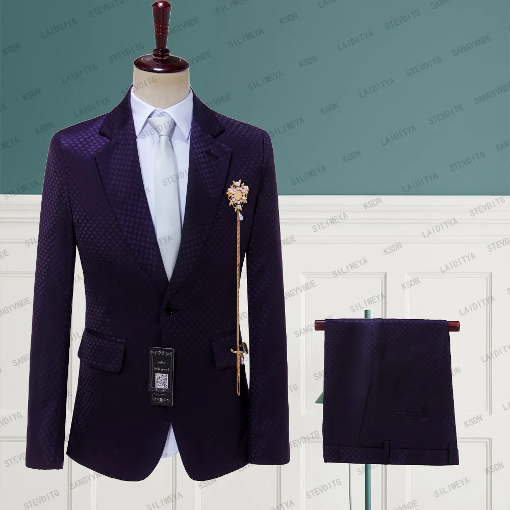

Мужской Жаккардовый костюм, темно-фиолетовый формальный костюм в горошек, комплект из 2 предметов для свадебной вечеринки, пиджак и брюки, 2023