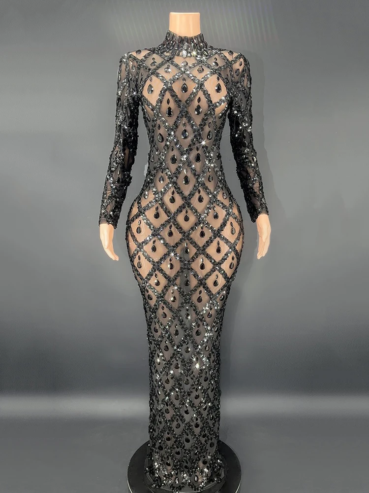 2024 New Sequins Crystals Long Dress Women Evening Prom Party Birthday Dress SexyTransparent Performance Costume Show Stage Wear