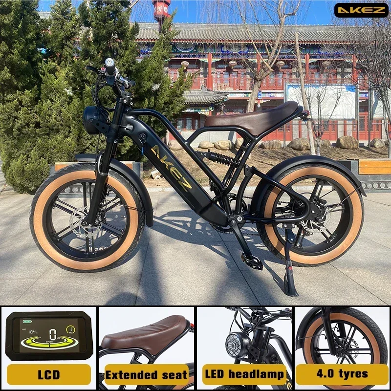 AKEZ 750W Motor Electric Mountain Bike 20"x4.0" Fat Tire Full Suspension Adult Electric Bicycle 48V 13AH Removable Battery Ebike