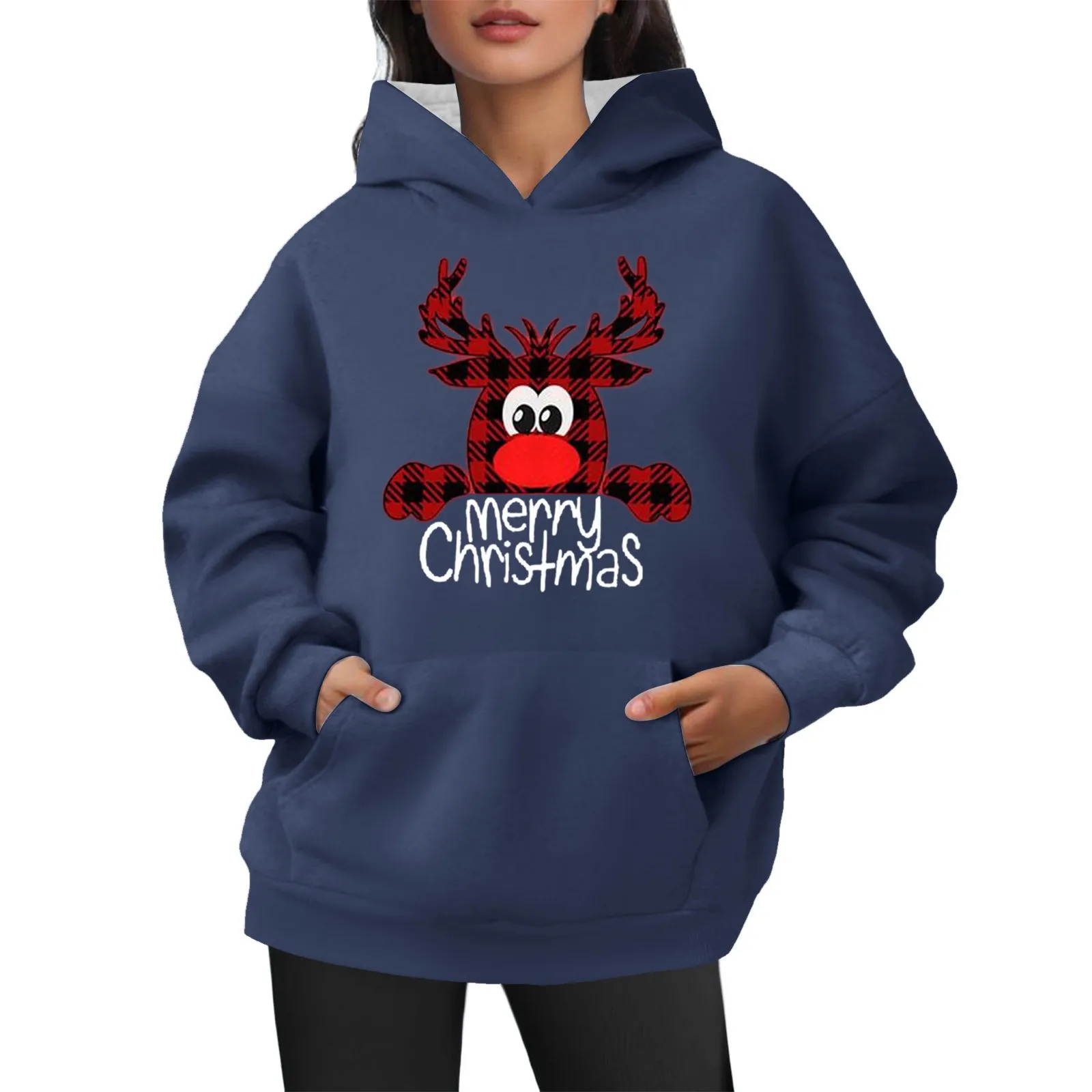 

Women's Casual Fashion Baggy Long Sleeve Sleeve Sleeve Pocket Christmas Print Hoodie Outerwear folk Japanese style