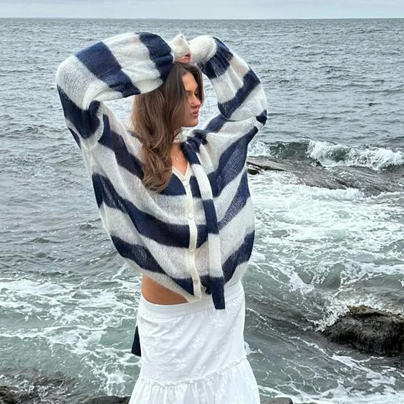 Loose Mohair Striped V-neck Cardigan Women With Scarf Fashion Lantern Sleeve Single Breasted Knitwear Casual Lady New Streetwear