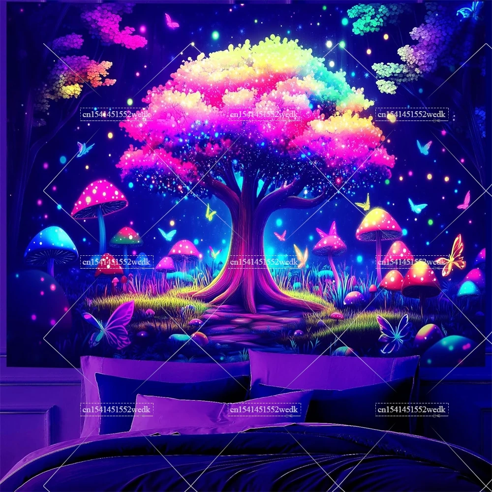 Blacklight Baum des Lebens Wandteppich Psychedelic Space Galaxy Neon Wandteppiche UV-reaktiver Wandteppich Glow In The Dark Neon-Hintergründe – Detail 3