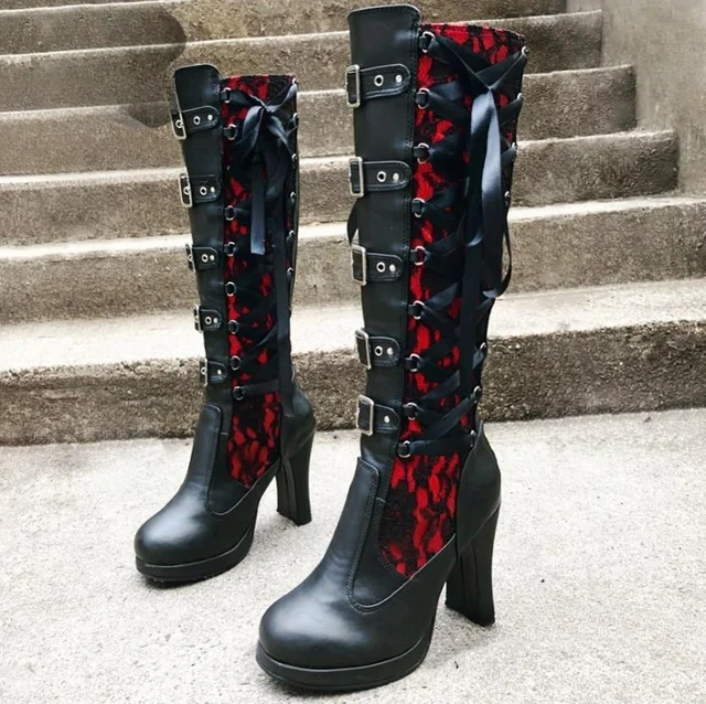 Crimson Lace Gothic Boots
