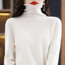 Women's Solid Color 100% Merino Wool Turtleneck Knit Sweater - Cozy Autumn/Winter Wear - S (White)
