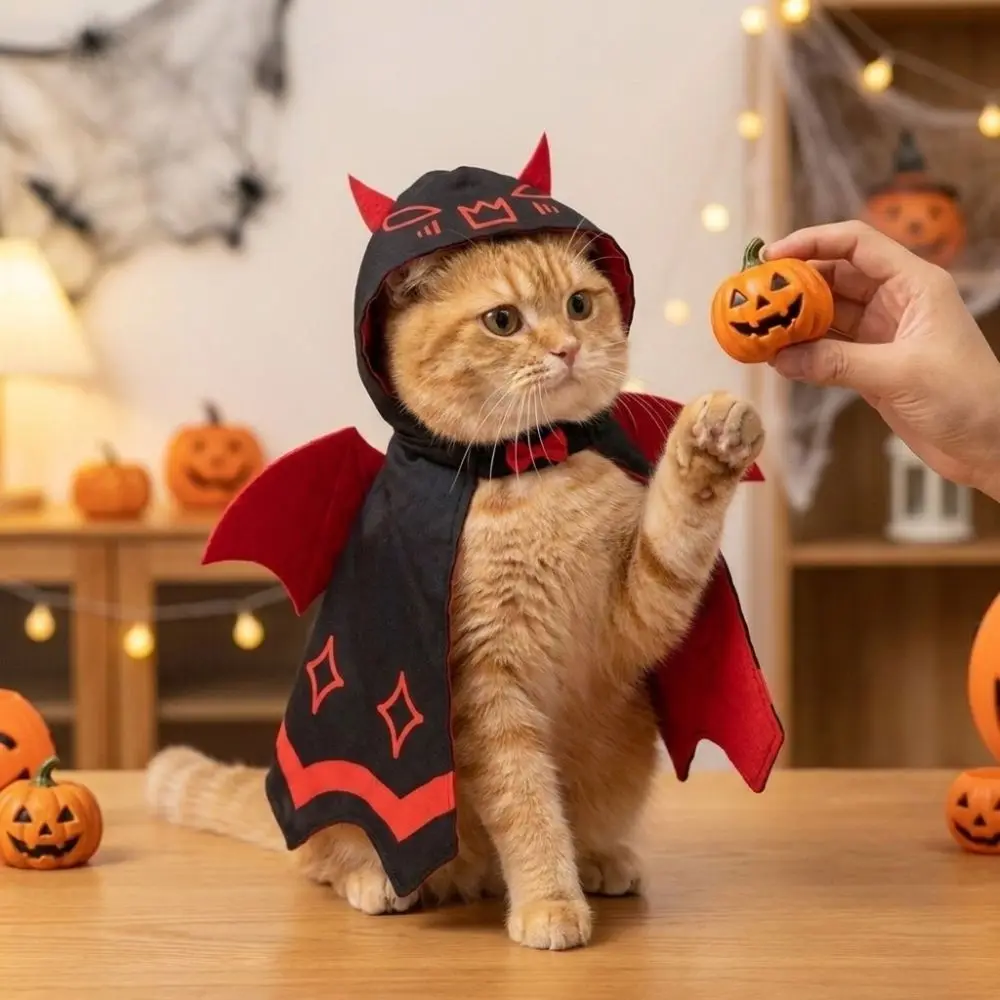 조절 가능한 할로윈 고양이 악마 박쥐 망토, 이중 새틴 피부 친화적인 애완동물 코스프레 케이프, 나비넥타이 포함, 내마모성