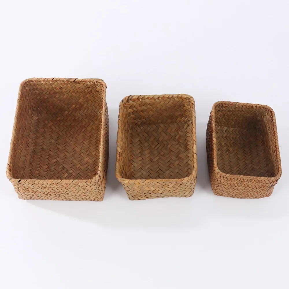 Handmade Woven Seagrass Storage Baskets Straw Rattan Basket Picnic Fruit Storage Box Cosmetic Storage Container Home Decor 4