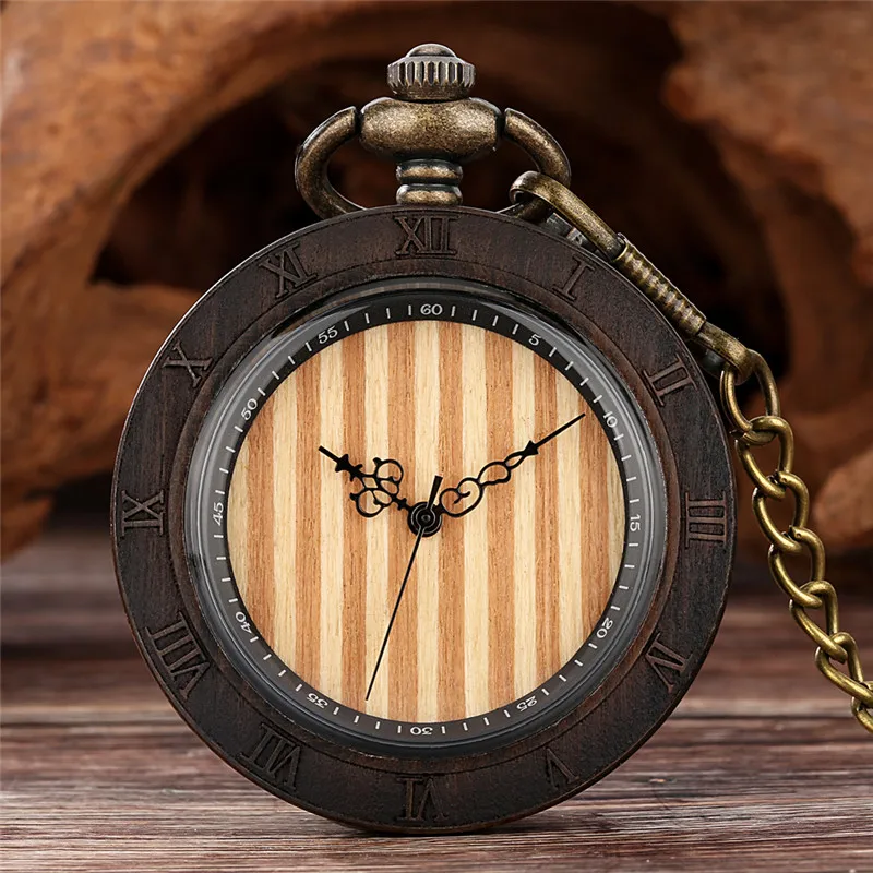 Handmade Sandalwood Pocket Watch Round Shape Carved Roman Number Case Unisex Wooden Quartz Analog Watches with Pendant Chain