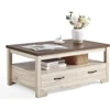 Wood Coffee Table for Living Room, Open Display Area and Storage Drawers with Metal Handles, Chic Style with Curved Base 1