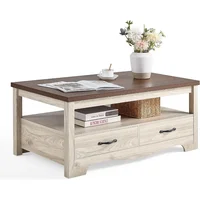 Wood Coffee Table for Living Room, Open Display Area and Storage Drawers with Metal Handles, Chic Style with Curved Base 1
