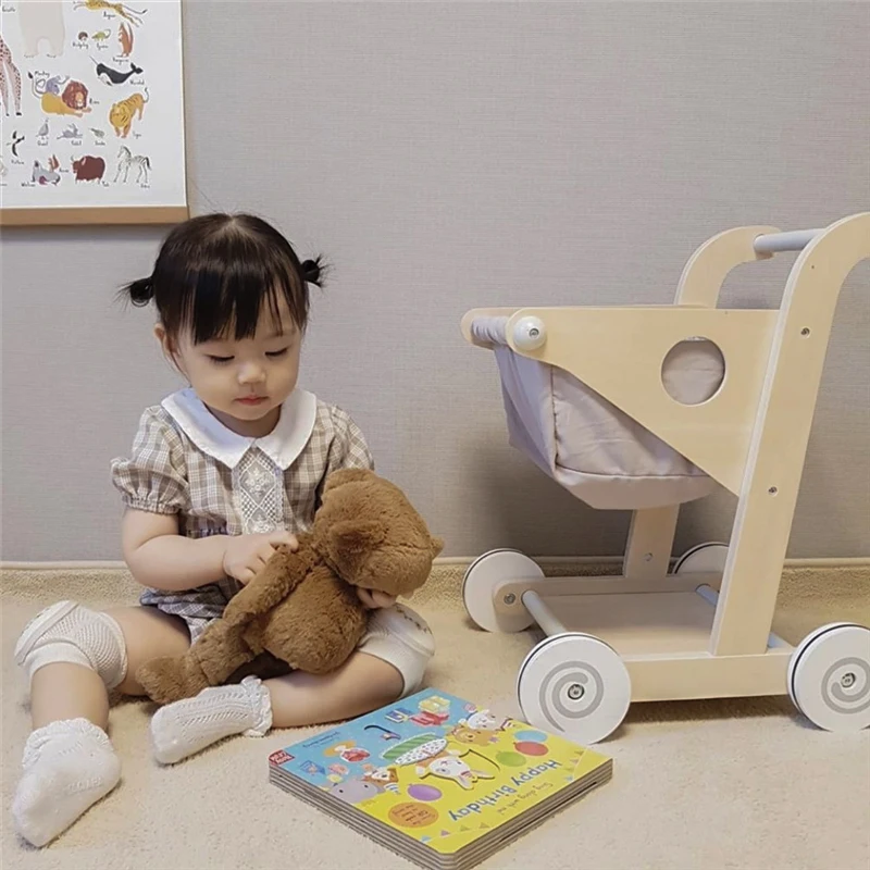 INS Children's Wooden Simulated Shopping Cart Toy Girl Supermarket House Baby Kitchen Supermarket Toy Walker For Kids 3