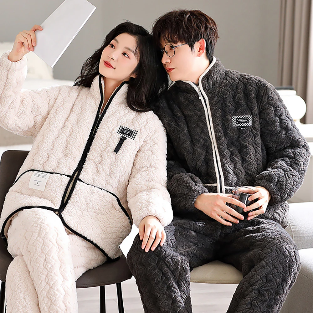 Antistatic 3-layer Super Thicken Warm Hooded Couple Sleepwear for Sleeping Men's Winter Pajamas Set Comfortable Pijama Hombre