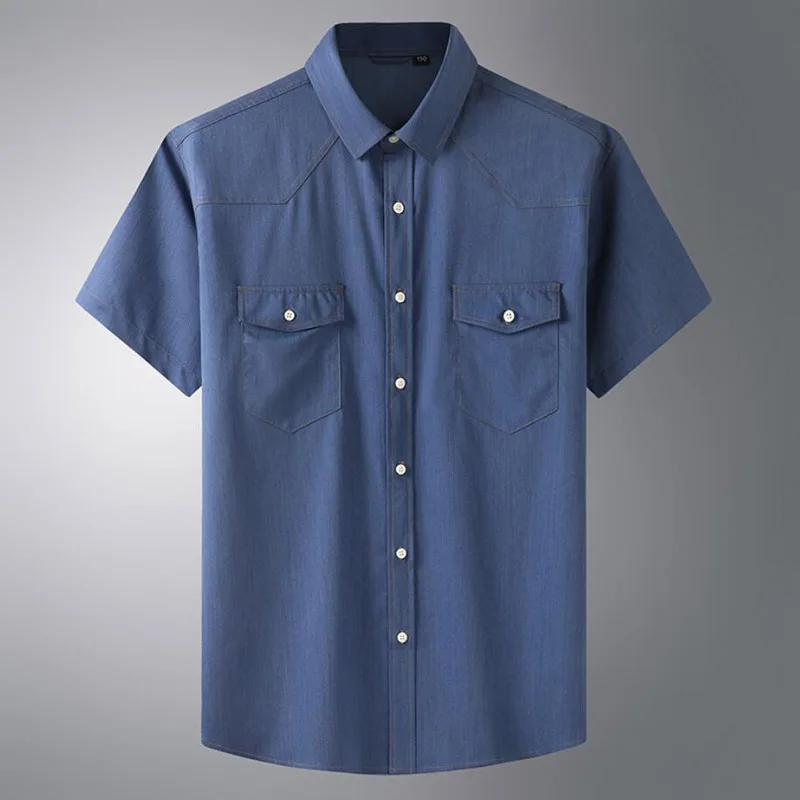 Plus Large Size 13XL 7XL 6XL 4XL Mens Business Casual Short Sleeved Shirt Classic Imitation denim Male Social Dress Shirts Blue 6