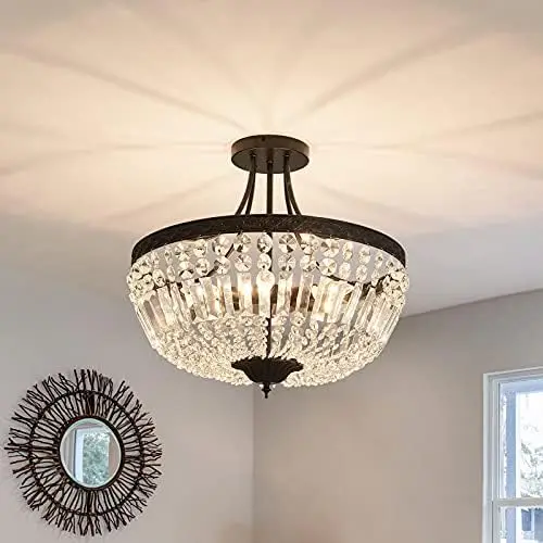 

E12 Round Crystal Ceiling Light Fixture Modern Semi Flush Mount Chandelier Ceiling Lamp for Living Room Dining Room Entryway Hal