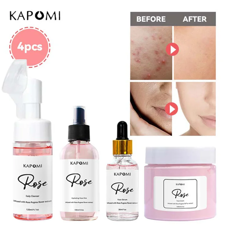 Face Skin Care Set Rose Blossom Essence Moisturizing Collagen Face Cream & Face Serum & Facial Cleanser Beauty Makeup Sets