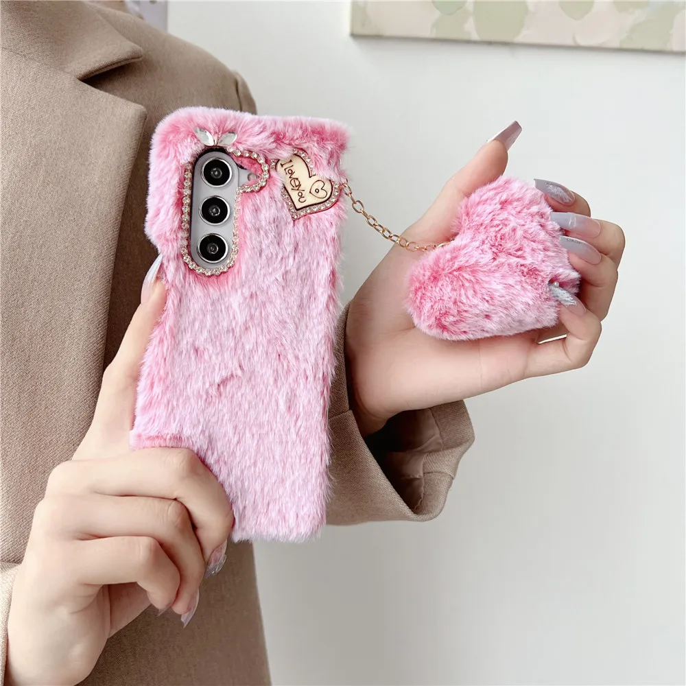 For Samsung Galaxy Z Fold 5 Case Korea Cute Fluffy Plush Love Pendant Phone Case For Galaxy Z Fold6 Cover Z Fold3 Z Fold2 Fold5 | Gaffar India