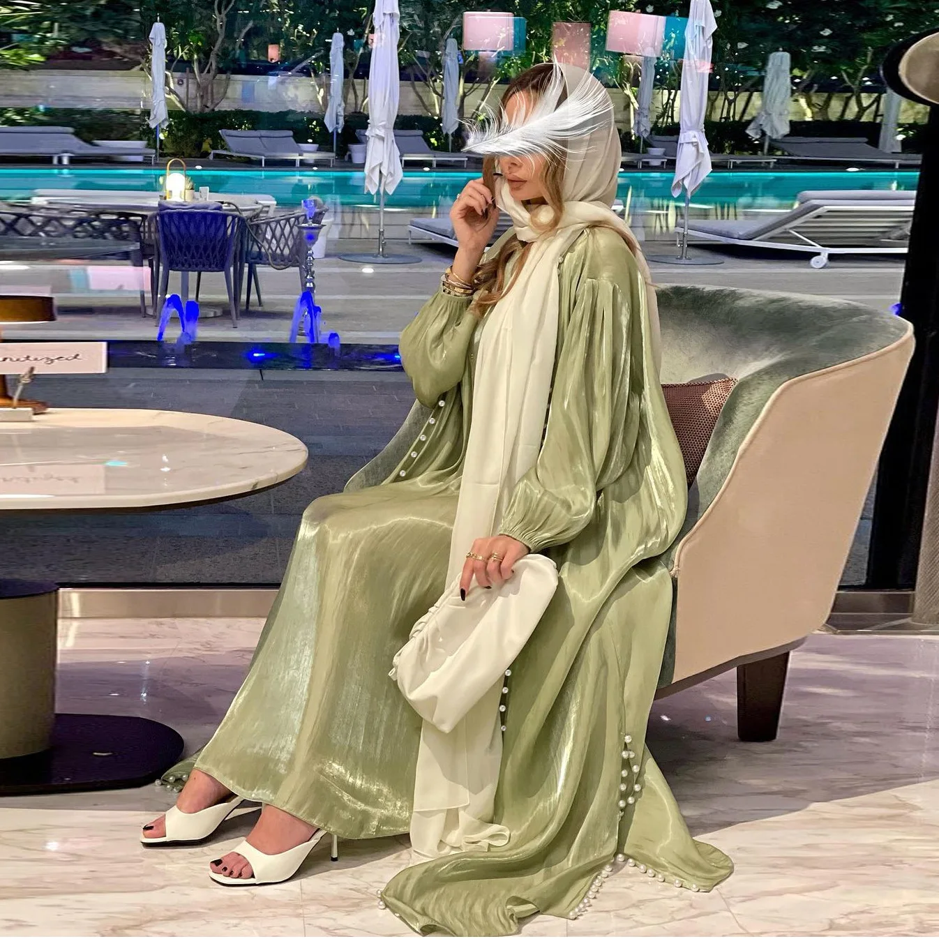MQ048 Modest Muslim Fashion Glitter Satin Silk Dress Foam Beaded Solid Color Set 2 Piece Abhaya Dress Muslim