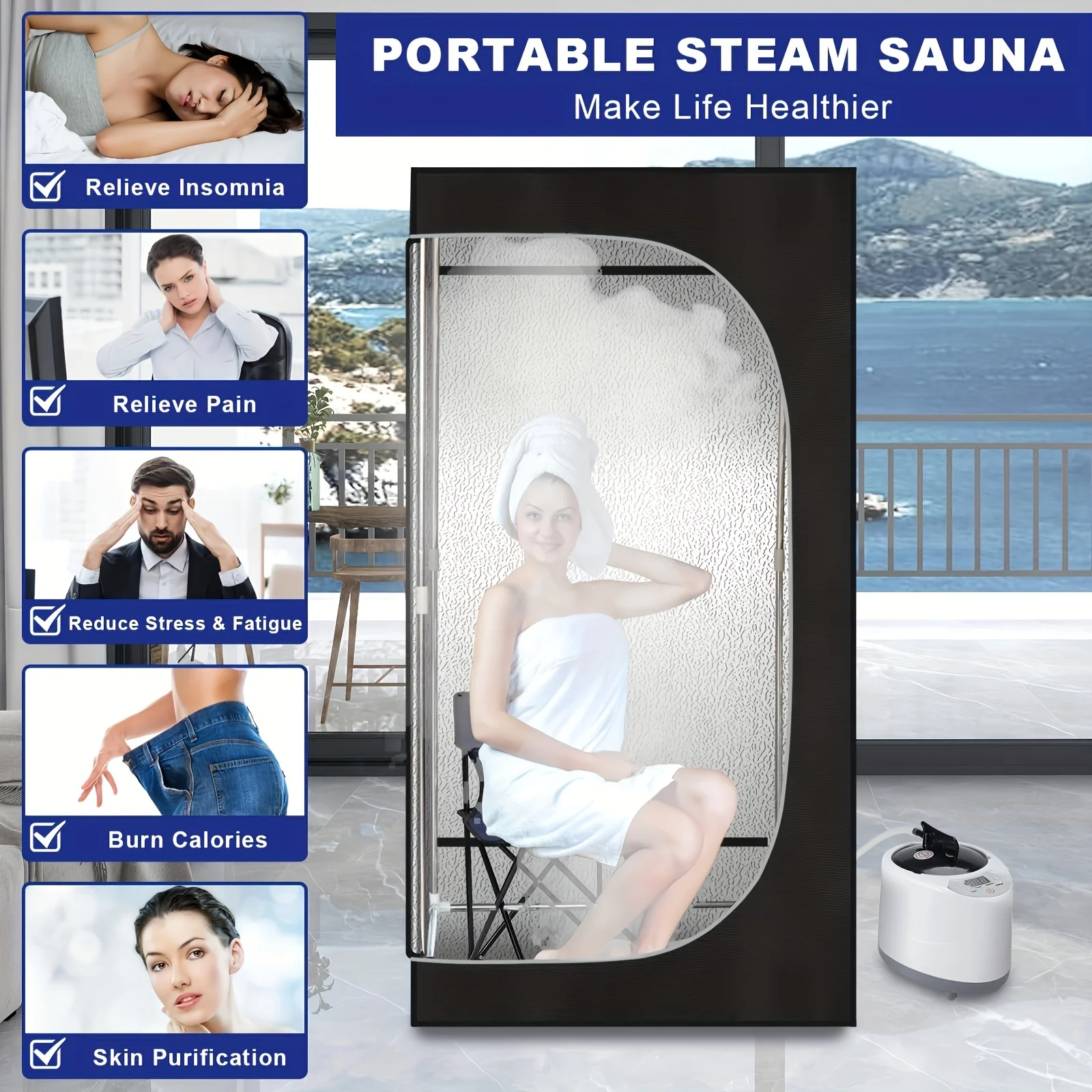 Portable Steam Sauna Tent, at Home Sauna Suit Full Body, for Indoor with 2.6L 1000 Watt Steamer, Folding Chair, Remote Control 6