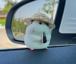Adorable Hamster with Straw Hat Car Ornament - Cute Auto Interior Dashboard Decor (WHITE)