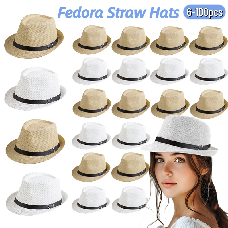 Straw Hats 6-100PCS Straw Fedora Hats for Women Men Beach Panama Short 1920s Havana Party Hat Wedding Souvenirs for Guests Beach Sun Hat