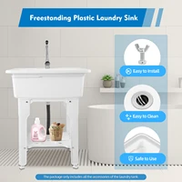 Freestanding Plastic Laundry Sink with Washboard Indoor and Outdoor Utility Sink with Cold and Hot Water Faucet 1