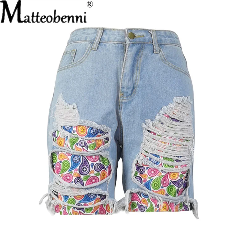 Fashion Casual Denim Shorts Summer New Womens Patchwork Print Ripped Patch Jeans Lady Sexy High Waist Knee-Length Straight Short