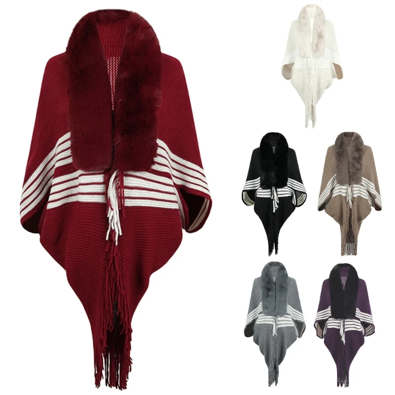 

Women Open Front Knitted Sweater Cardigan Elegant Jackets with Faux Furs Collar P8DB
