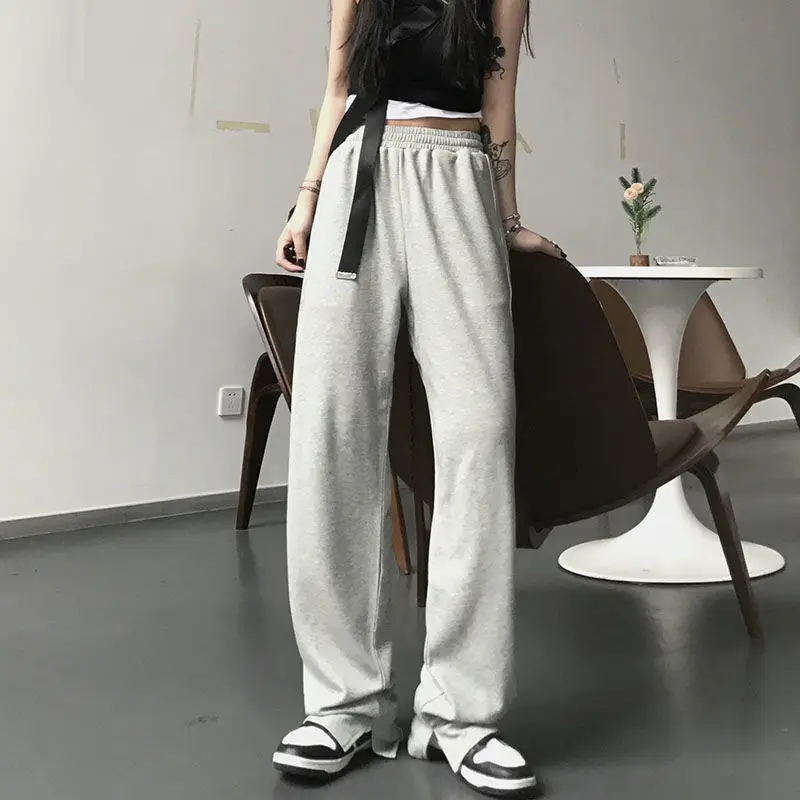 High Street Harajuku Slit Straight Wide Leg Trousers Female Korean Style Casual Loose Joggers Sports Pants Women Sweatpants 2023
