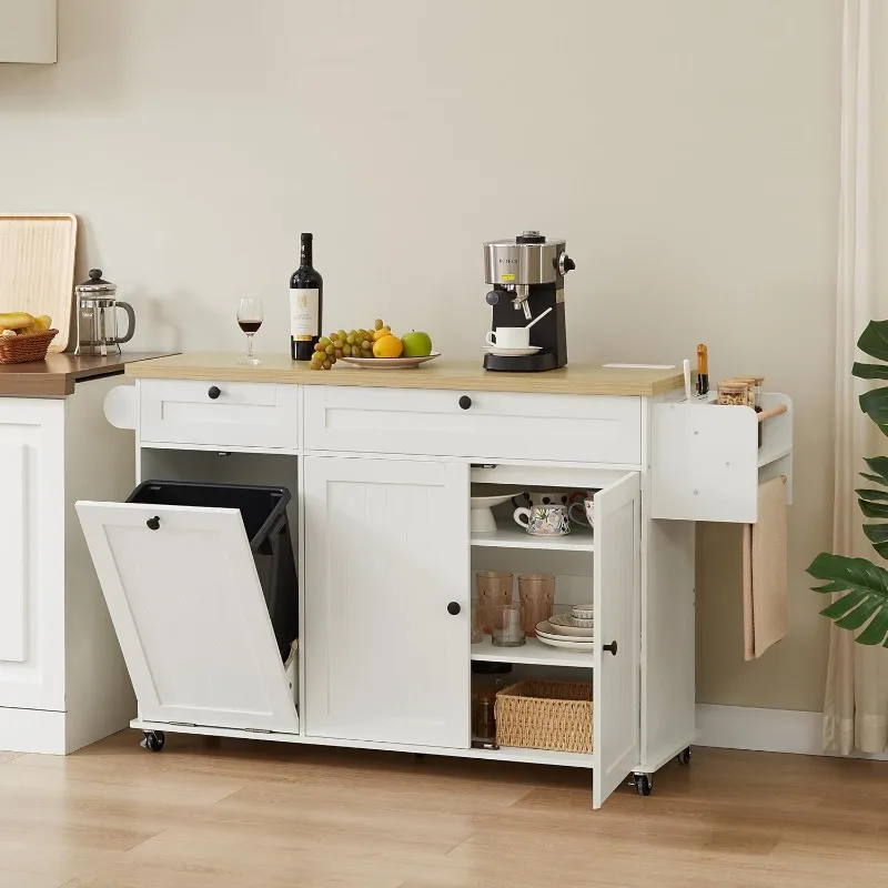 60 "Kitchen island with power outlets and fallen leaves, kitchen rolling island with spice rack and towel rack 4