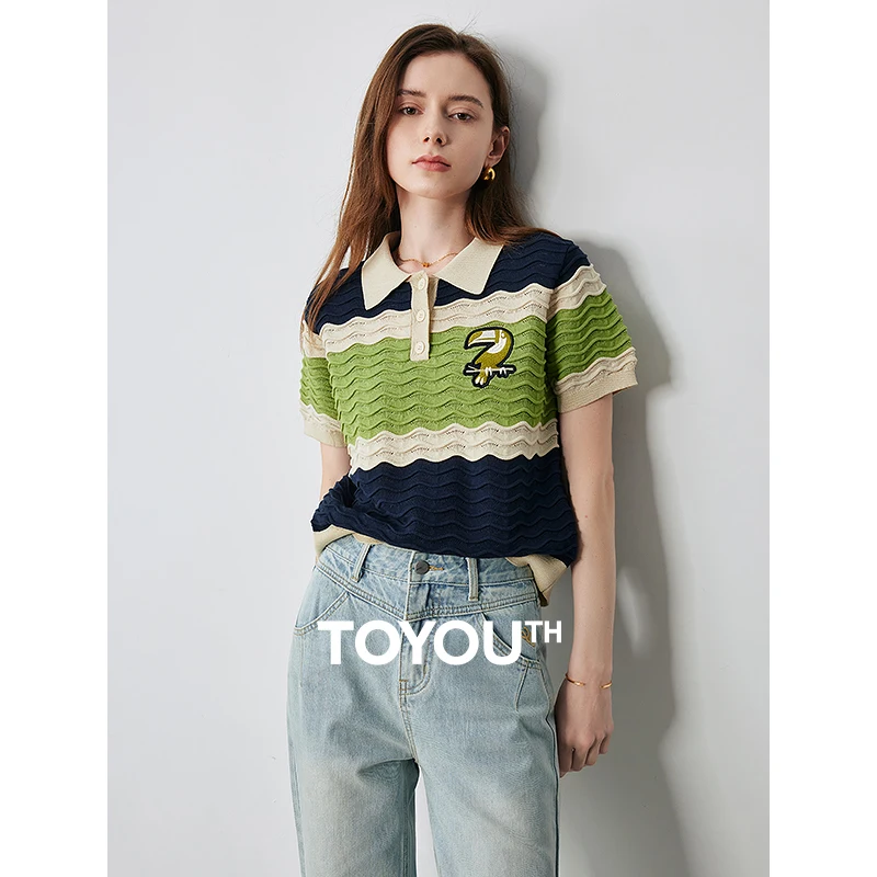 

TOYOUTH Women Short sleeved Knitted Shirt 2024 Summer New Ice Silk Contrast Color Striped Turn Down Collar Pullover Casual Top