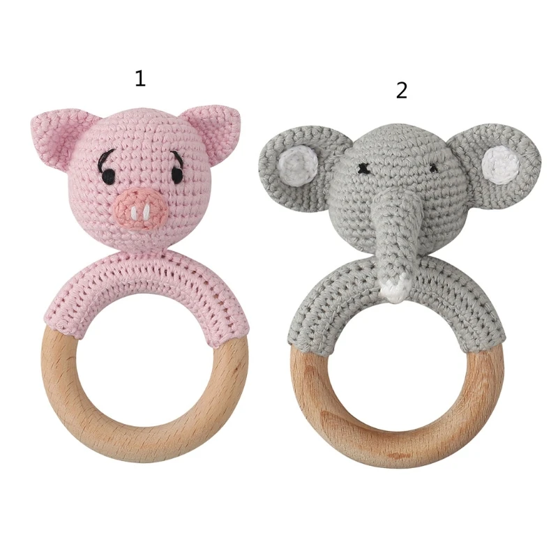 

Baby Teether Wooden Ring Cotton Thread Crochet Animal Rattle Knitted Hand Handmade BPA Free Chewing Teething K1KC