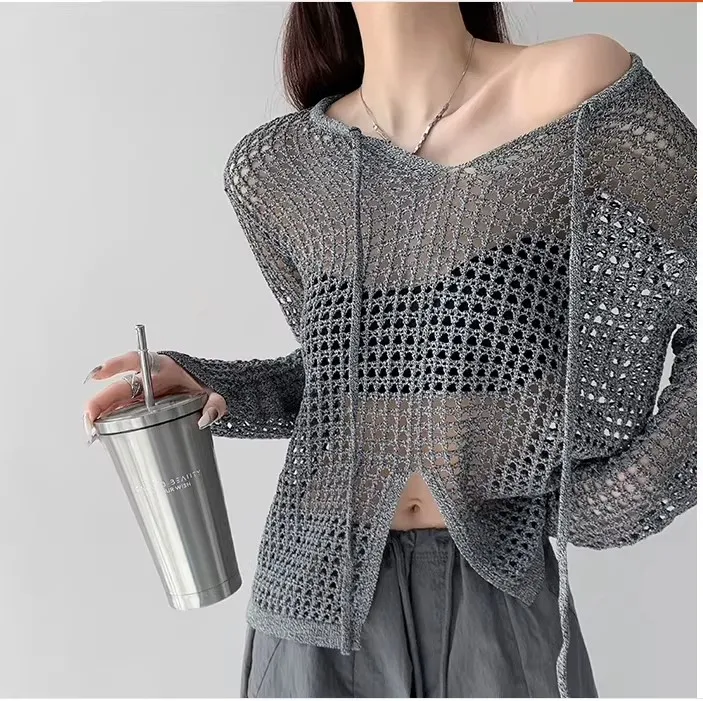 Damen 2026 Frühling Sommer Neu Lockerer Aushöhlter Strick-Langarm-Oberteil mit Schlitz Sonnenschutz-Cover-Up Lässiges Mode-T-Shirt – Detail 2