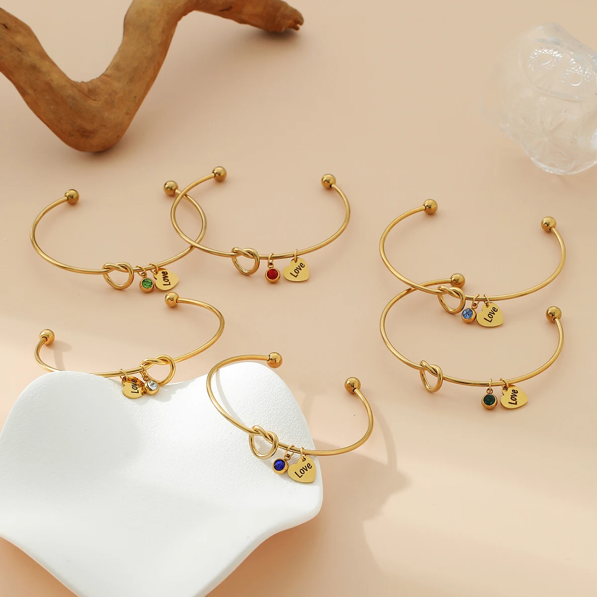 

Stainless Steel Elegant Love Heart Diamonds Birthstone Charm Bracelet, Gift for Women