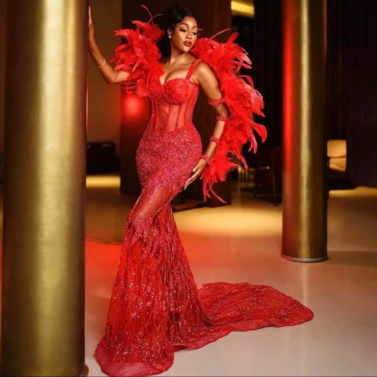 

Sexy Aso Ebi Prom Dresses With Feathers Exposed Boning vestidos de noche Special occasion Gown See Through Lace Evening Dress