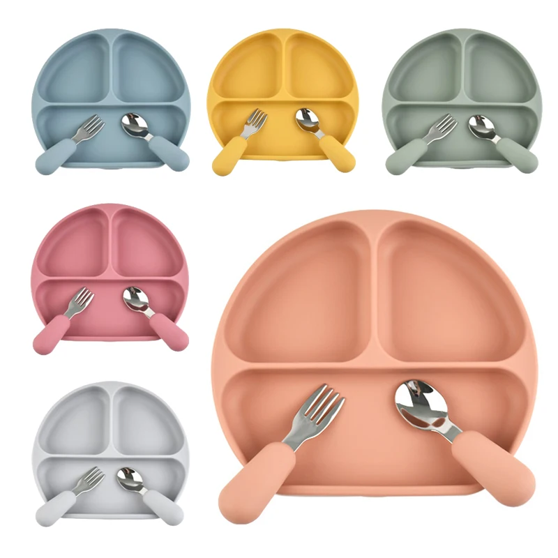  실리콘 다이닝 플레이트 물건 세트, 어린이 식사 훈련, 낙하 방지 접시, 스푼 포크 포함 수유 기구, BPA 프리, 3 개