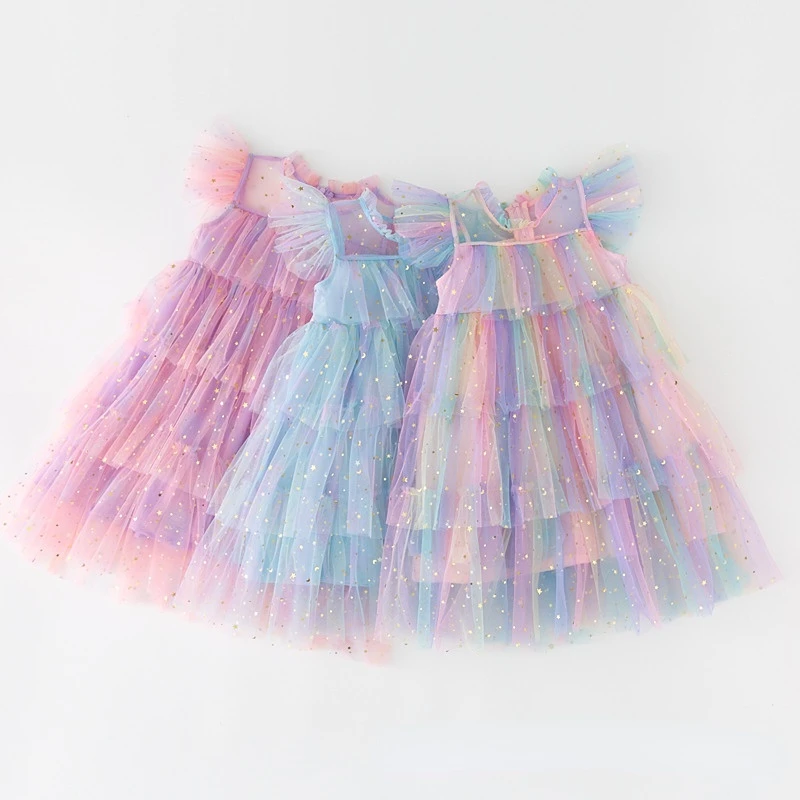 Girls Dress Tulle Fairy Princess Dresses Fly Sleeve Rainbow Star Sequined Cake Dress Children Birthday Party