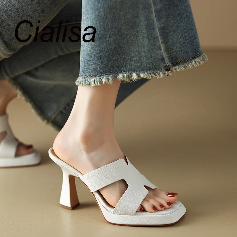 

Cialisa Genuine Leather Platform Slipper Open-Toed Elegant Summer Shoes Handmade Party Dress 9cm High Heels Slippers Women New