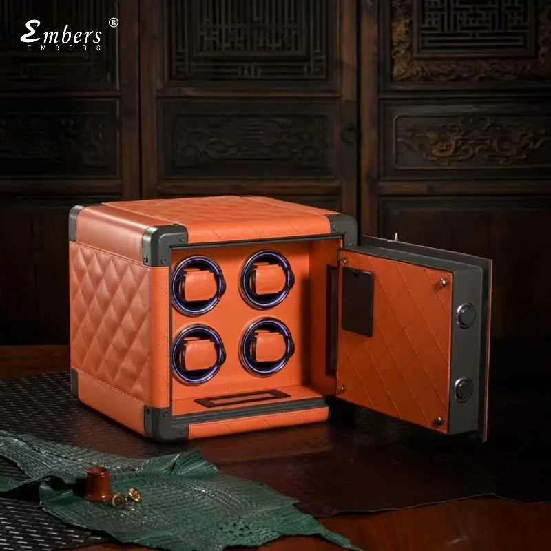 Embers 2023 Luxury Leather Mini Watch Winder Safe Box Orange Black