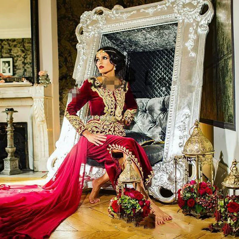 

Angel Custom Luxury Gold Red Embroidery Satin Formal Gown Mermaid Low Split O Neck Long Sleeve Evening Prom Dresses
