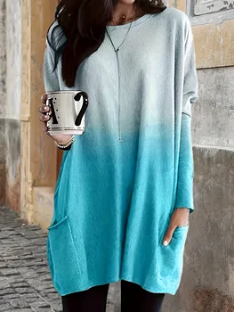 Fall/Winter New Fashionable Elegant Gradient Print Casual Crew Neck Pocket Plus Size Women's Long T-Shirt Top 1