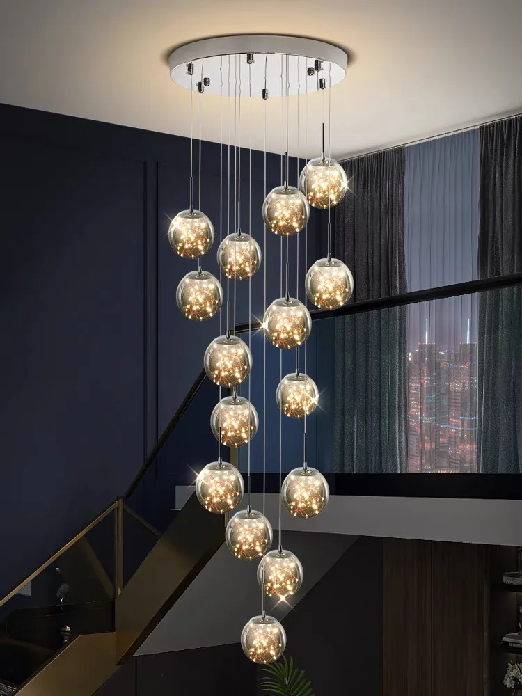 Modern Spiral Stair Chandelier Lustre Living Room Duplex Building Villa Loft Pendant Light Home Decor Glass Ball LED String Lamp
