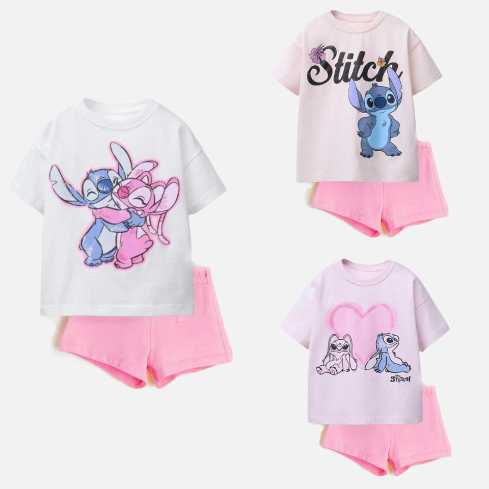 Girls Pink Tshirt +shorts Cute 2piece/set Summer Clothing Short Sleeve Tracksuits Cartoon Print Tees Children Casual Loose Suit