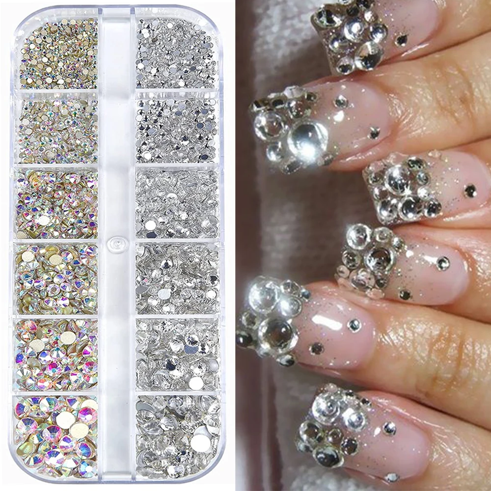 AB Crystal Nail Art Set Box 500pcs Iridescent Clear Rhinestones Gems Multi Shape Flat Back Shiny