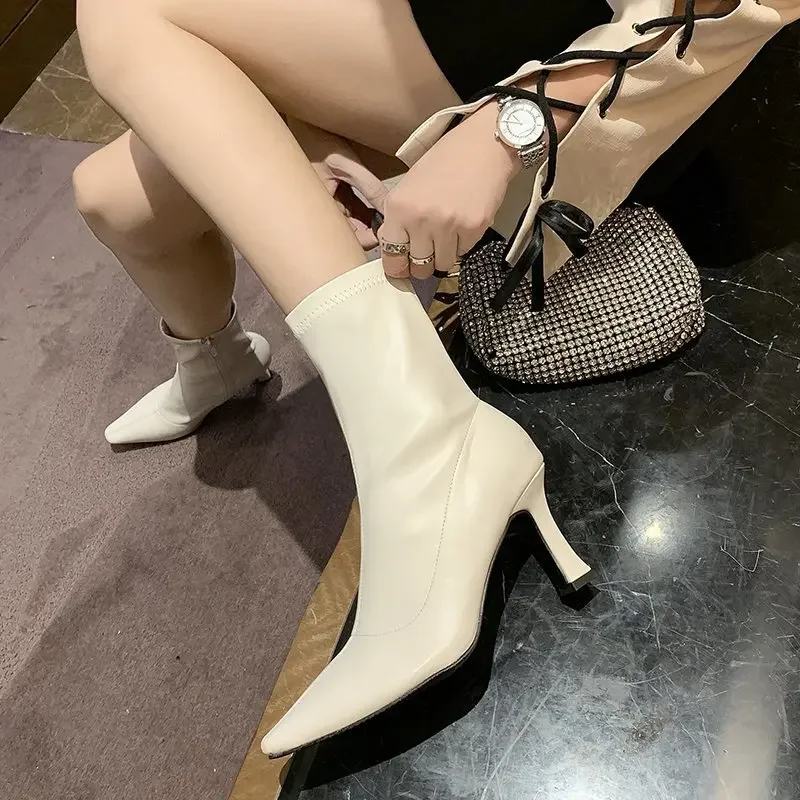 Autumn Sexy Women Ankle Boots Thin High Heel Fashion Pointed Toe Zip Winter Shoes Ladies Soft Leather Short Booties Black Beige