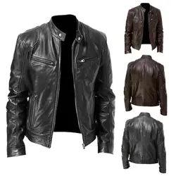 2023 Men's Stand Collar Slimming Leather Jacket Zipper Pocket Decoration Pu Leather Motorcycle Coat Py31 Special P55