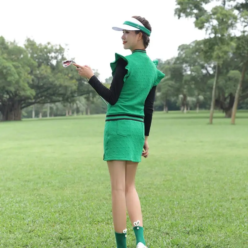 De Golf Clothing Suit Women's Top Vest Short Skirt Set Sports Spring and Autumn Ruffle Sleeve Slim Vest Shirt Green Golf Wear