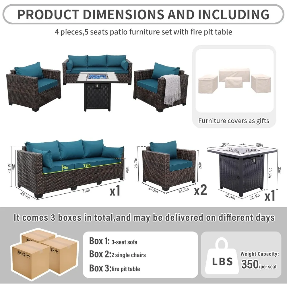 Patio Rattan Furniture Set  Outdoor PE Wicker Conversation Couch, Brown Sectional Sofa Couch with 50,000BTU Adjustable 3