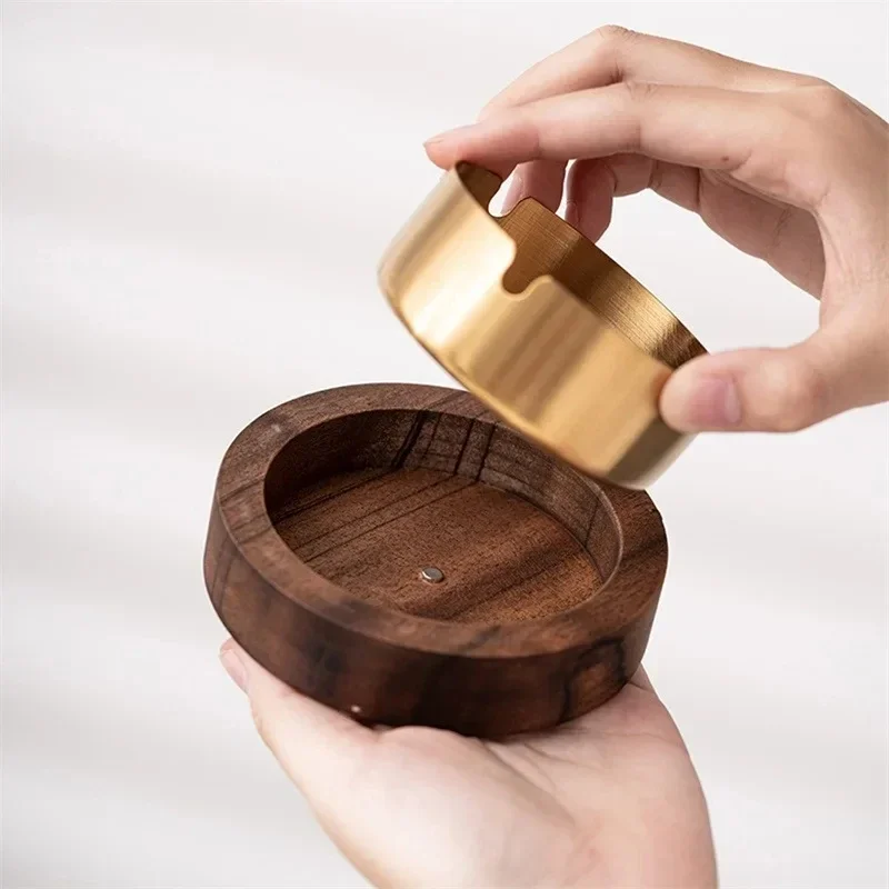 Walnut Wood Ashtrays With Lid Covered Windproof Ashtray With Stainless Steel Liner Indoor Outdoor Ash Tray For Home cigarettes ashtray stainless steel ashtray wood ashtray