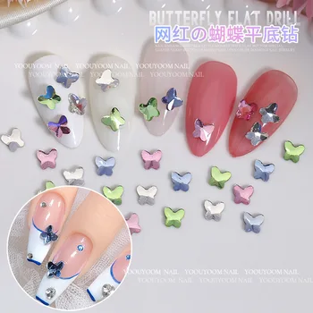 스파클 3D 미니 나비 거울 핑크, 그린 블루 오로라 플랫백 다이아몬드, 네일 아트 라인석 장식, 매니큐어 참, 40 개