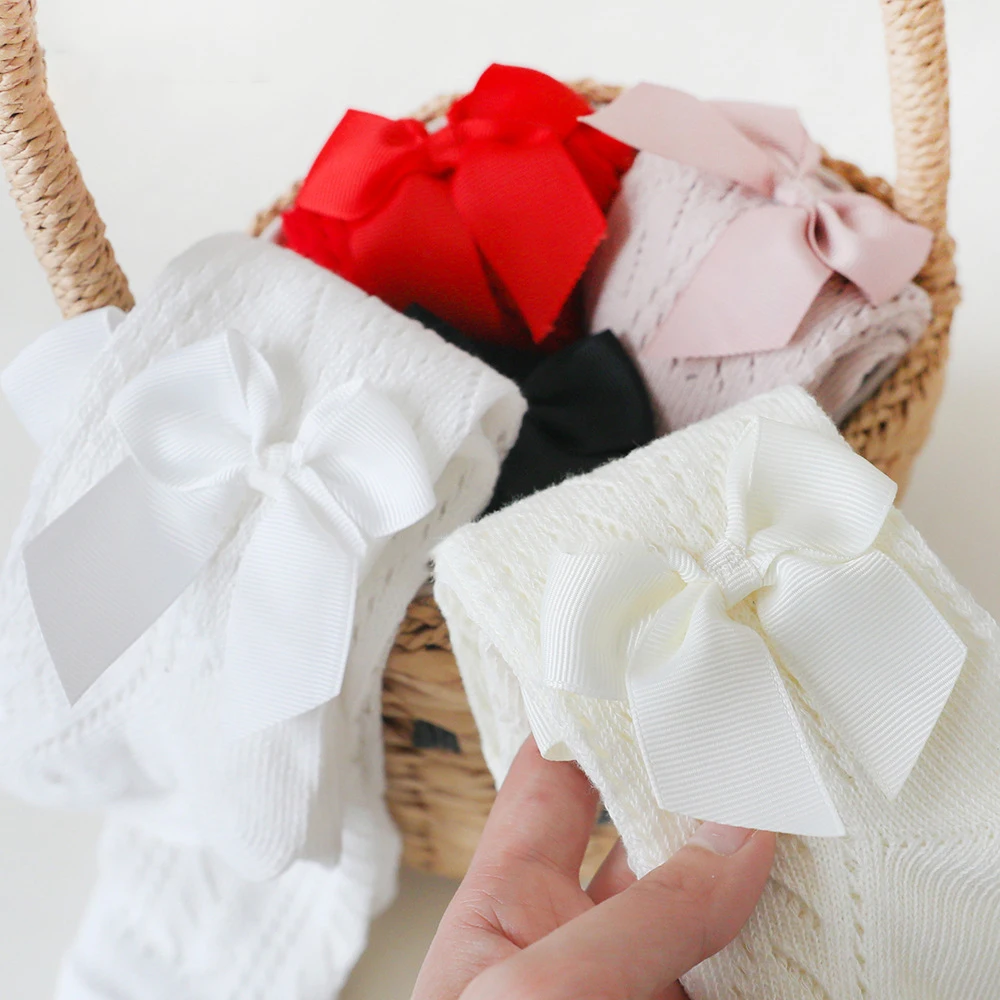 1 Pairs Baby Girls Tights For 0-4 Years Spanish Style Hollow Breathable Infant Bowknot Pantyhose Soft Cotton Toddler Kids Pants